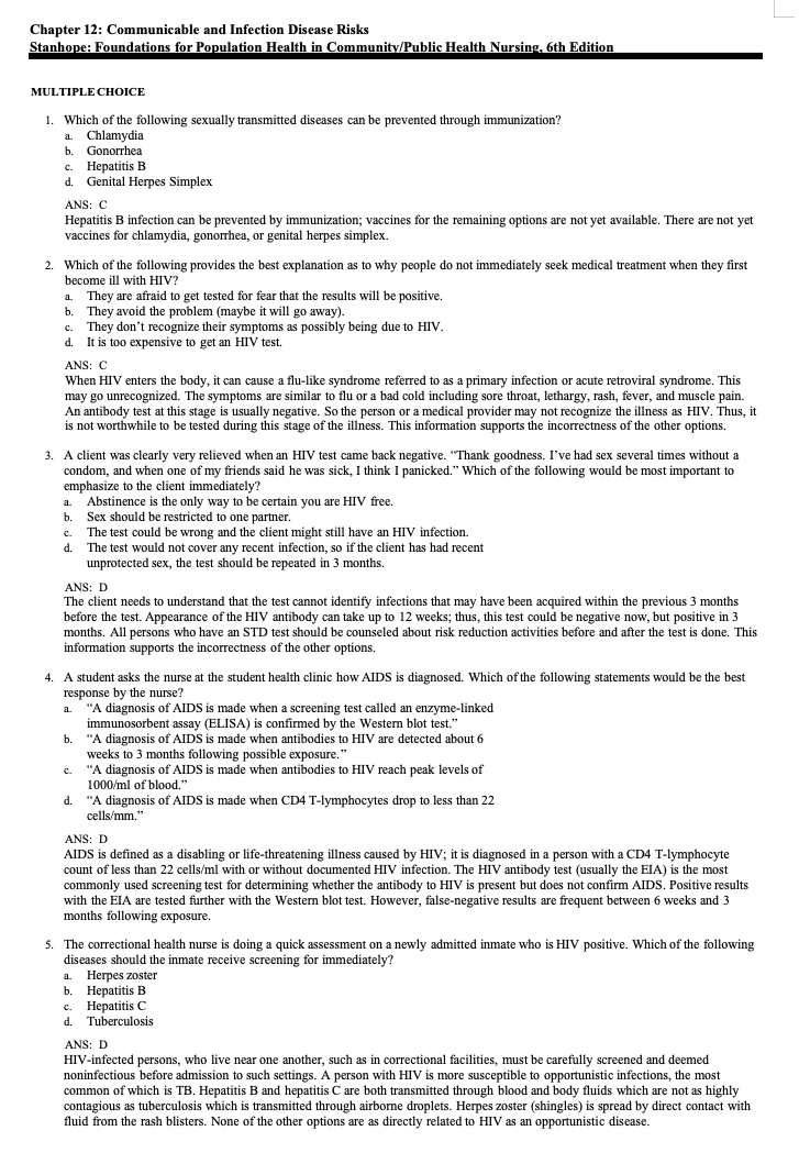 Testbank Foundations for Population Health in Community/Public Health Nursing, 6. Auflage von Stanhope