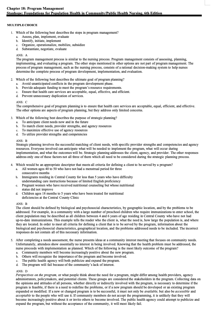 Testbank Foundations for Population Health in Community/Public Health Nursing, 6. Auflage von Stanhope