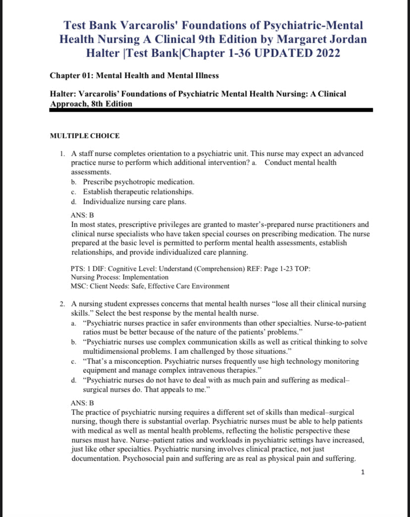 Testbank Varcarolis’ Foundations of Psychiatric-Mental Health Nursing, 9. Auflage von Halter