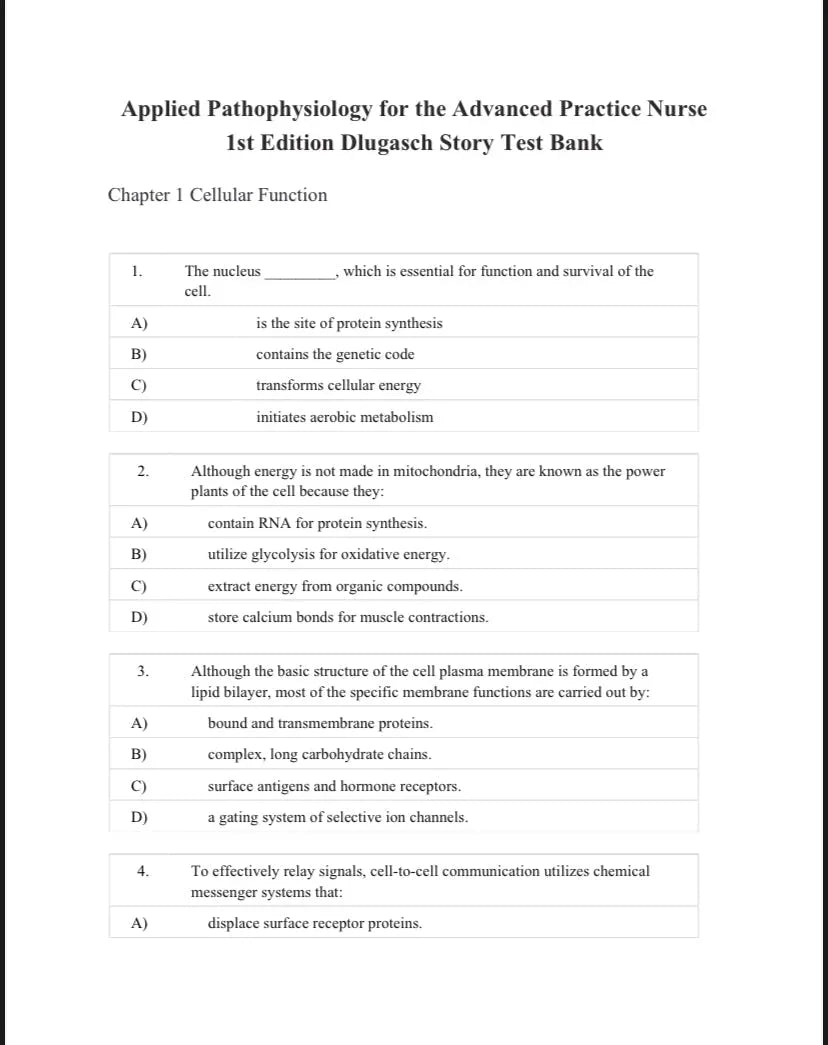 Testbank Applied Pathophysiology for the Advanced Practice Nurse, 1. Auflage von Dlugasch & Story