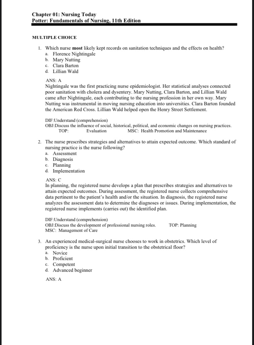 Testbank Fundamentals of Nursing, 11. Auflage von Potter