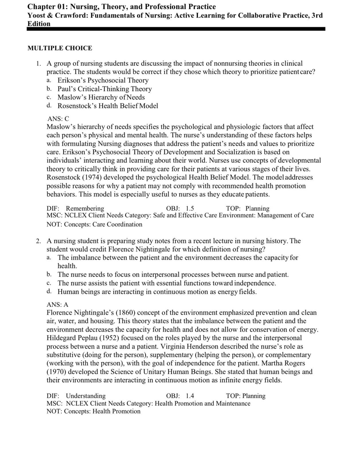 Testbank Fundamentals of Nursing: Active Learning for Collaborative Practice, 3. Auflage von Yoost