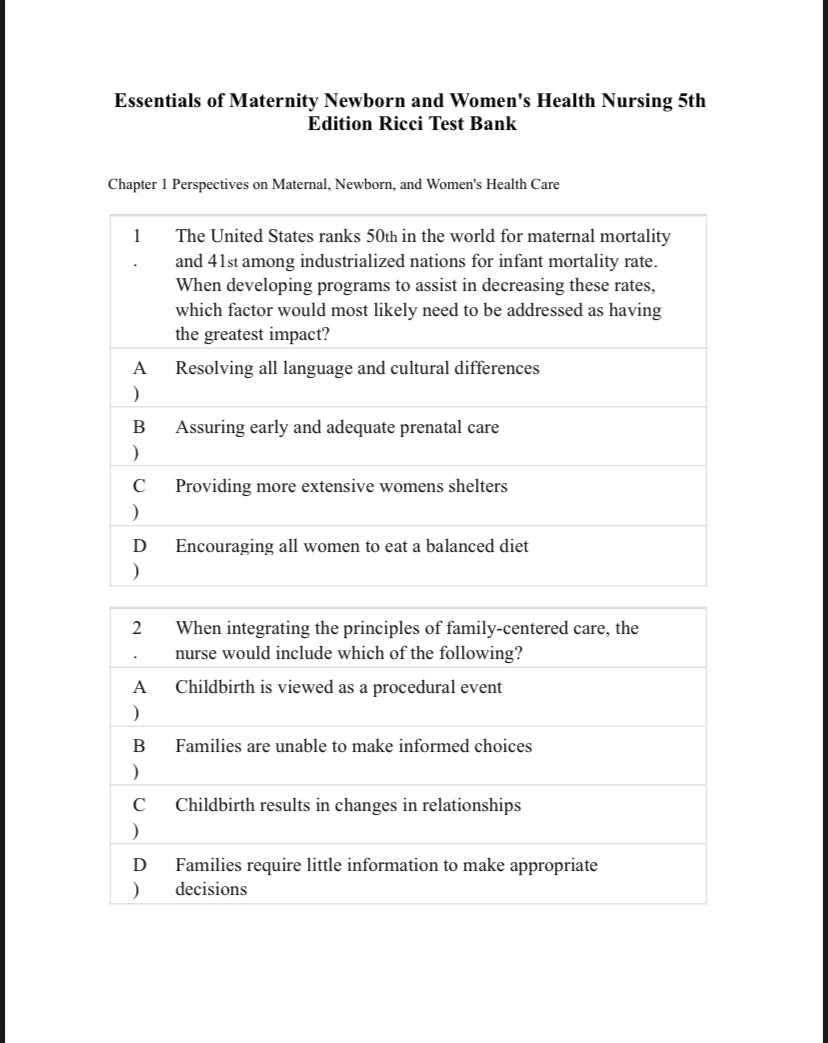 Testbank Essentials of Maternity, Newborn and Women’s Health Nursing, 5. Auflage von Ricci