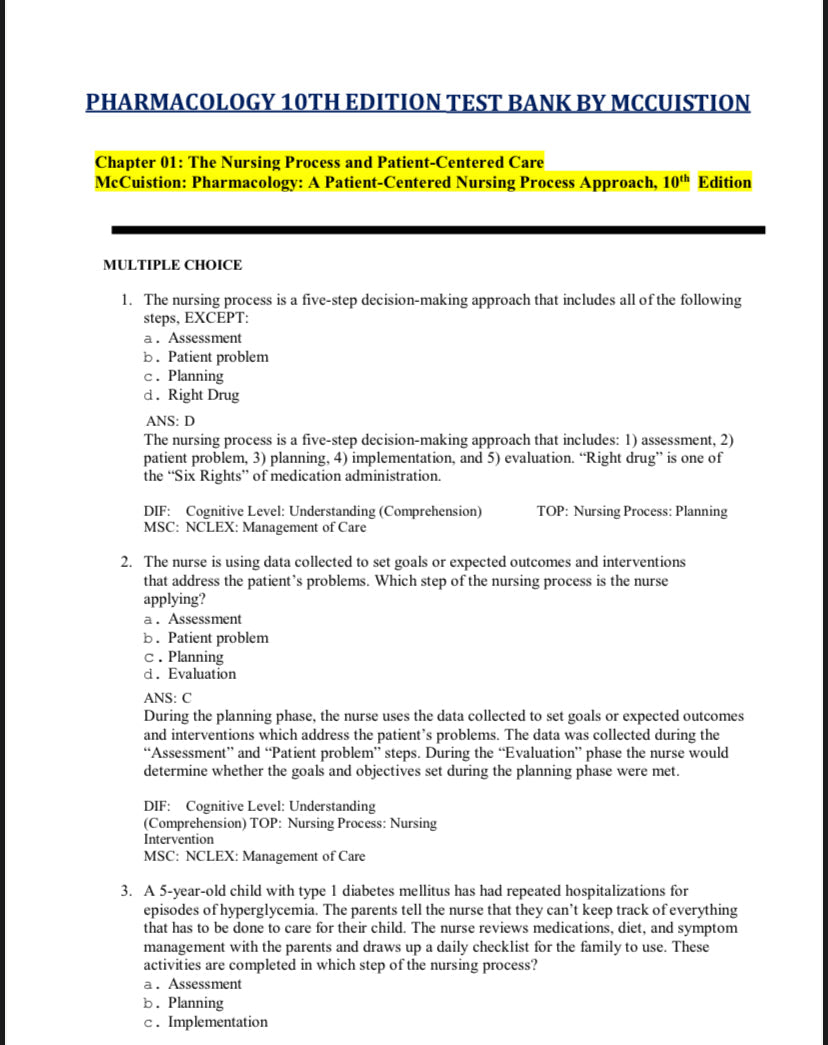 Testbank Pharmacology: A Patient-Centered Nursing Process Approach, 10. Auflage von McCuistion